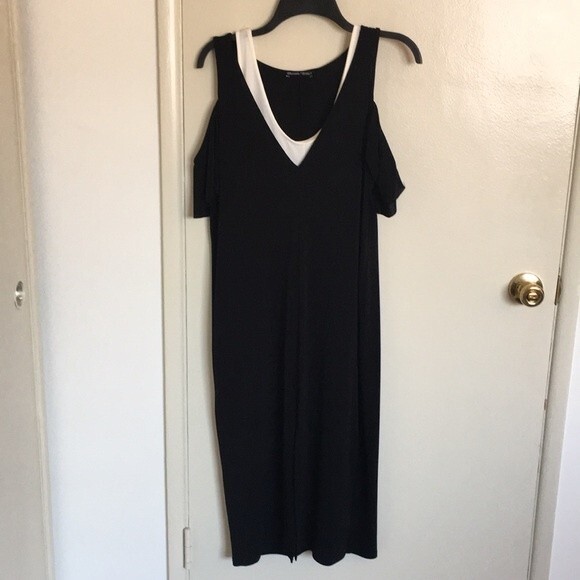 Zara midi dress 90s Y2K fall black white off the shoulder v neck medium cocktail - Picture 1 of 5